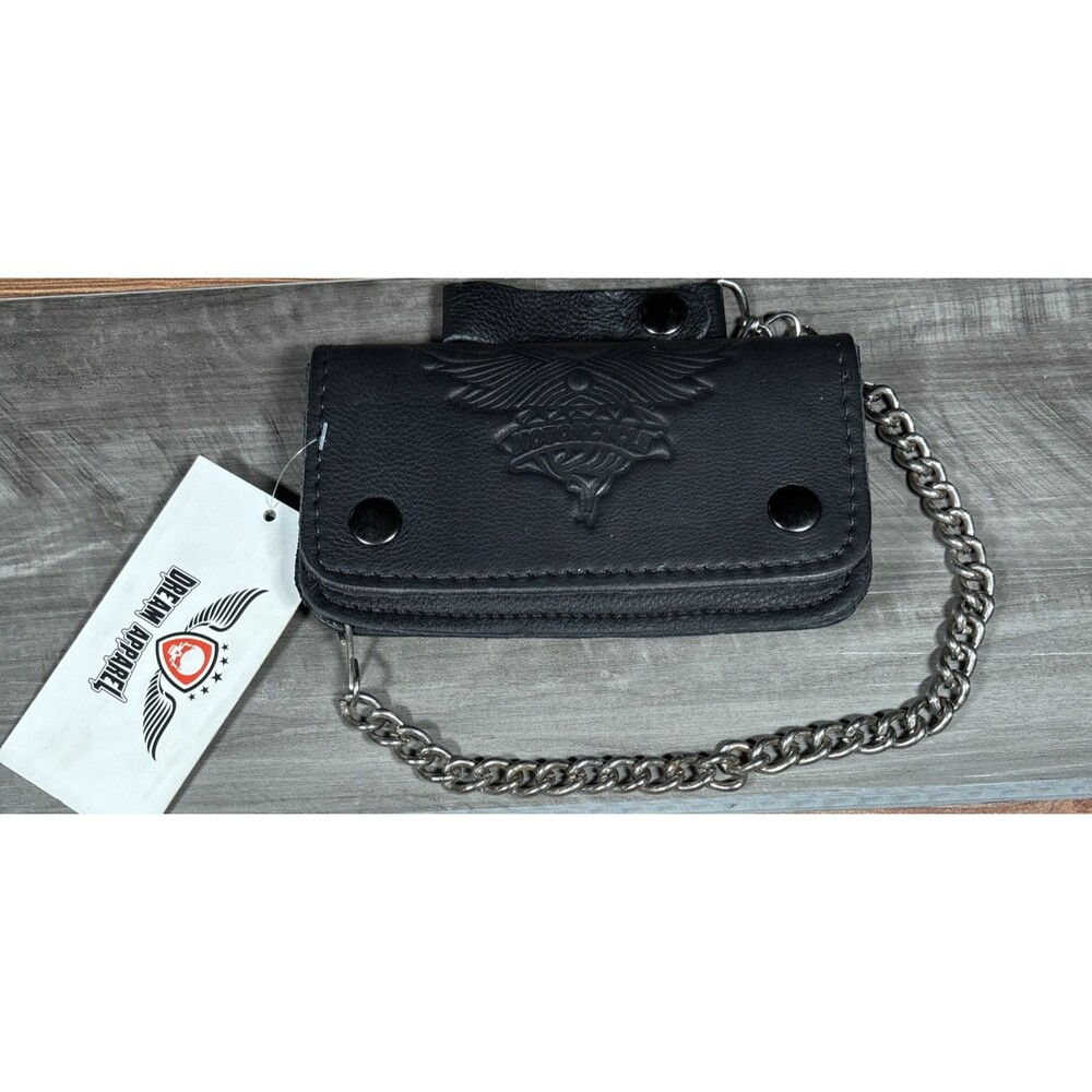 Black Leather Biker/Trucker Chain Wallet    Embossed Wings Graphic New Old Stock